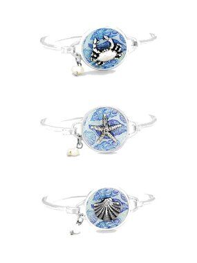 3 Silver Beach Charm Bangle Bracelets - Crab, Starfish, Shell Pearl Stack Set